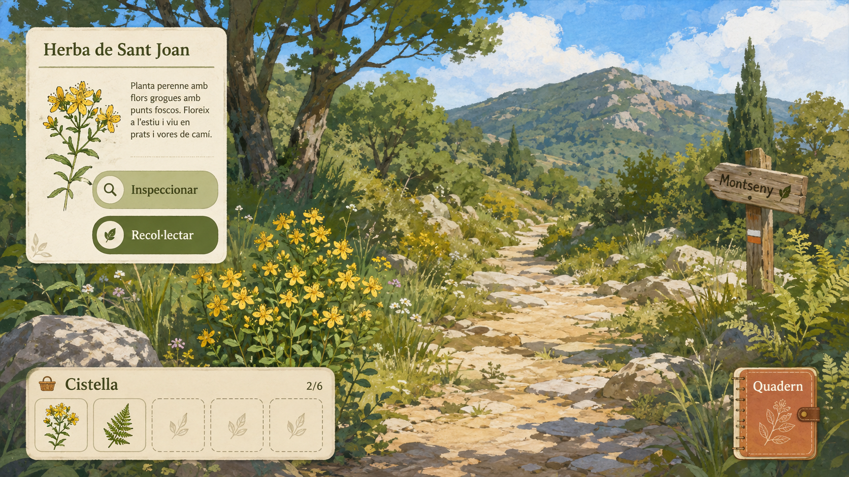 Placeholder de mockup UX d’exploració, identificació i recol·lecció en primera persona